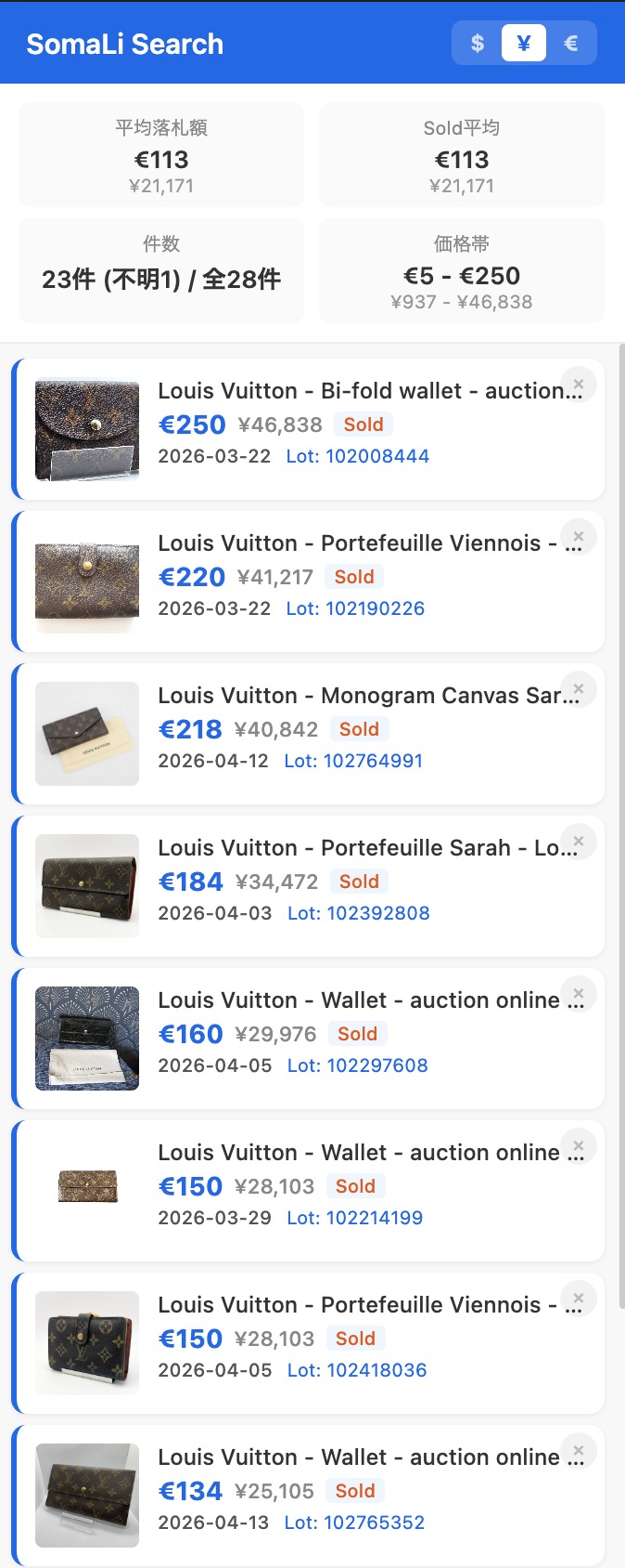 円表記に切り替えた状態のスクリーンショット